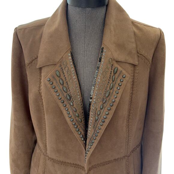 Chico's Faux Suede Blazer Women's Size Medium Brown Beaded Open Front Lined - Picture 1 of 5